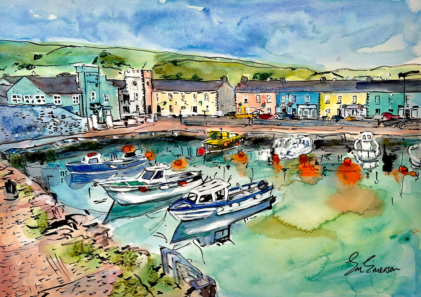 Neon Buoys in Carnlough Harbour Original Painting