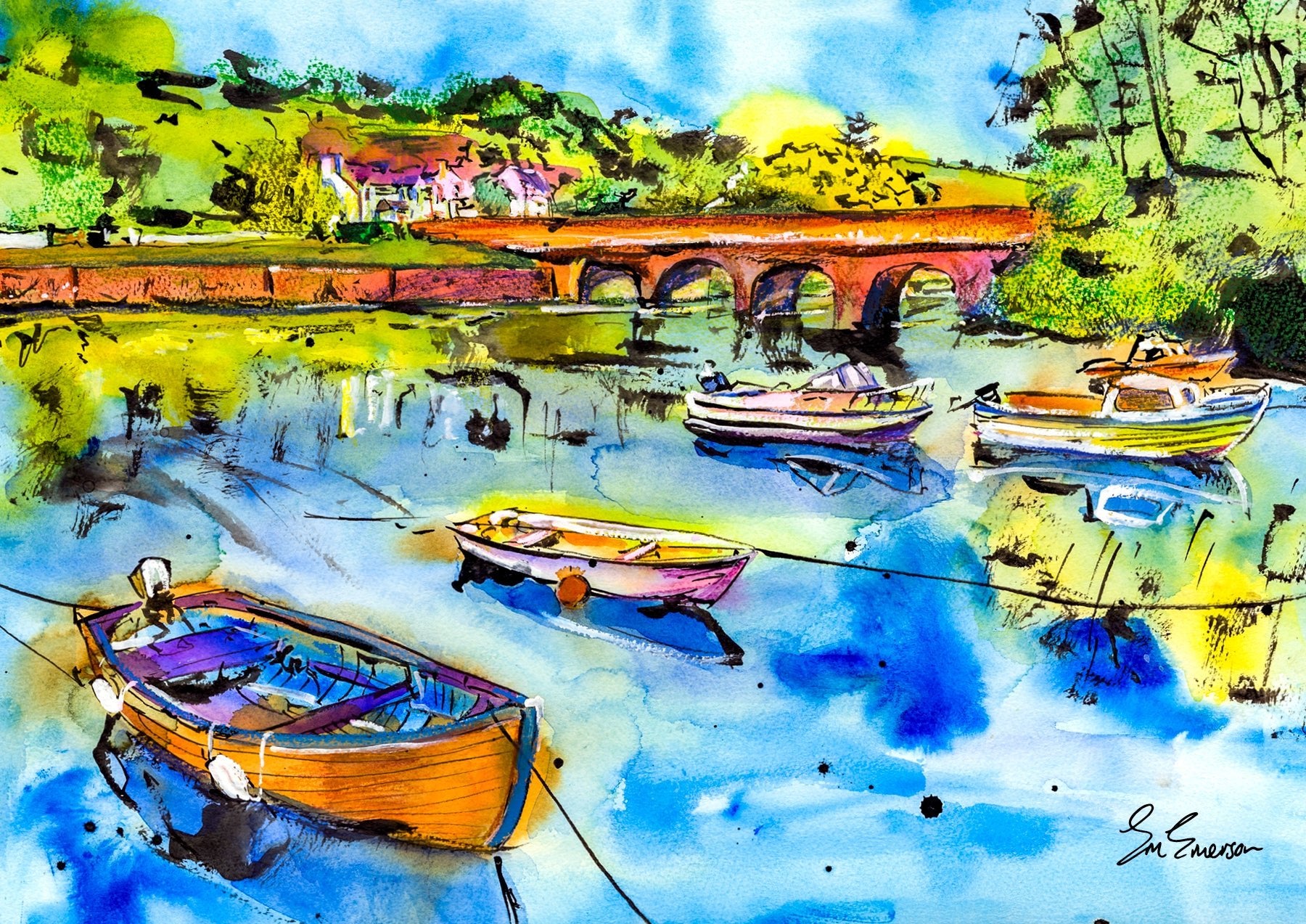 Boats in the Harbour, Cushendun Print - EM Emerson Paintings & Prints - Posters, Prints, & Visual Artwork